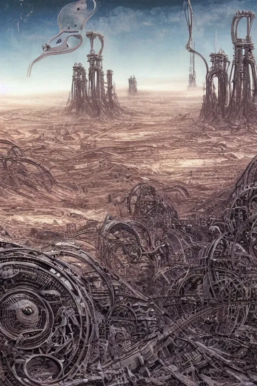 Prompt: industrial city in the desert dune concept art by yoshitaka amano and H.R. Giger, intricate detail, 8k, featured art