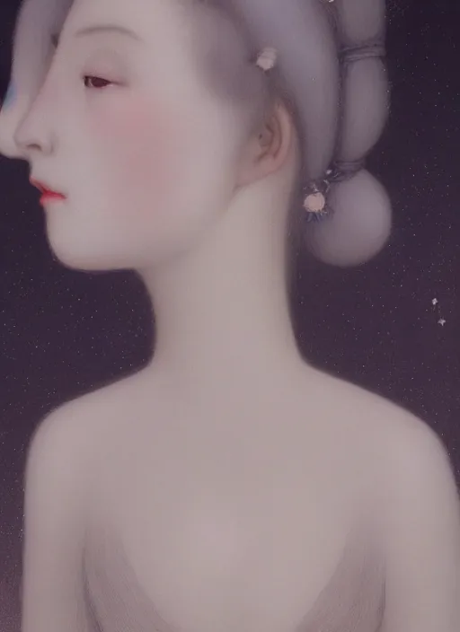 Image similar to beatifull pale wan woman, feminine goddes, side view, lit by the moon, adorable korean face silver hair!!, style of fernand khnopff and lucien levy - dhurmer, 4 k resolution, aesthetic!,