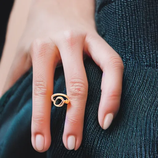 Image similar to super detailed studio photo of golden ring on female finger on female hand, macro