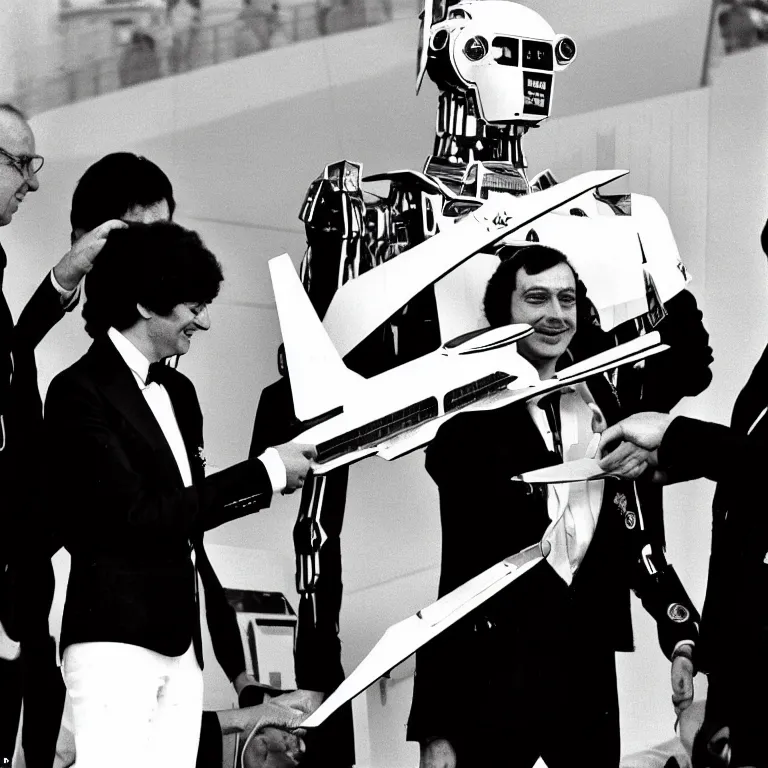 Prompt: a transforming mecha-concorde is presented with the medal d'honneur,Paris 1982