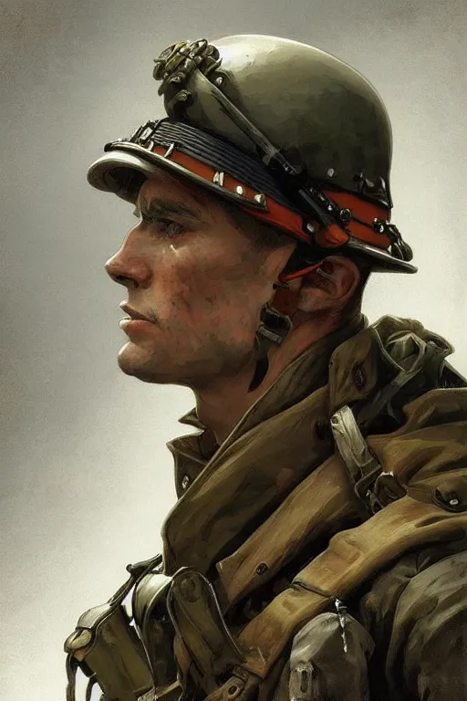 Image similar to A full portrait of a german world war two soldier, intricate, elegant, highly detailed, digital painting, artstation, concept art, smooth, sharp focus, illustration, art by Krenz Cushart and Artem Demura and alphonse mucha
