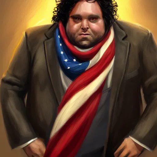 Image similar to a portrait of a short fat man with long curly black hair and a brown suit on with an American flag scarf, D&D, sci-fi, elegant, hopeful, muscular, highly detailed, digital painting, artstation, concept art, smooth, sharp focus, illustration