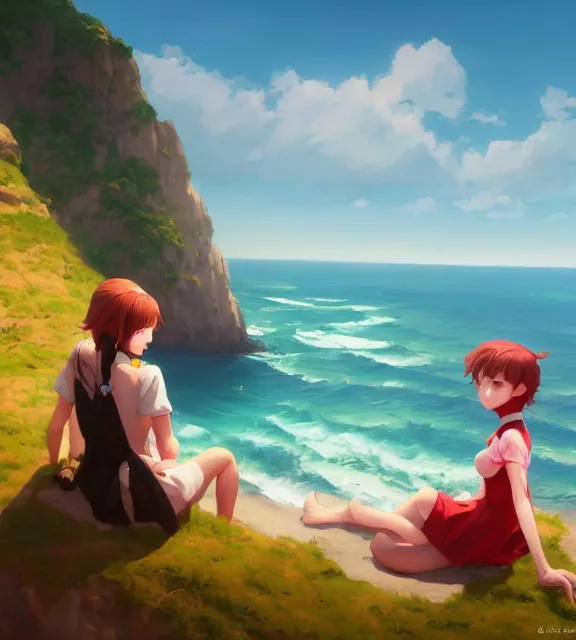 Image similar to a girl sitting on a cliff overlooking a beach. vivid colors, soft lighting, atmospheric, cinematic, moody, in the style of ilya kuvshinov and range murata, krenz cushart, oil on canvas, 8 k