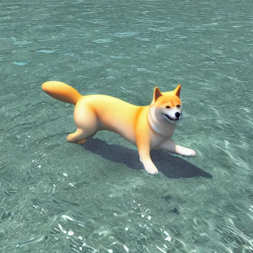 Image similar to Shiba Inu swimming, 3D render