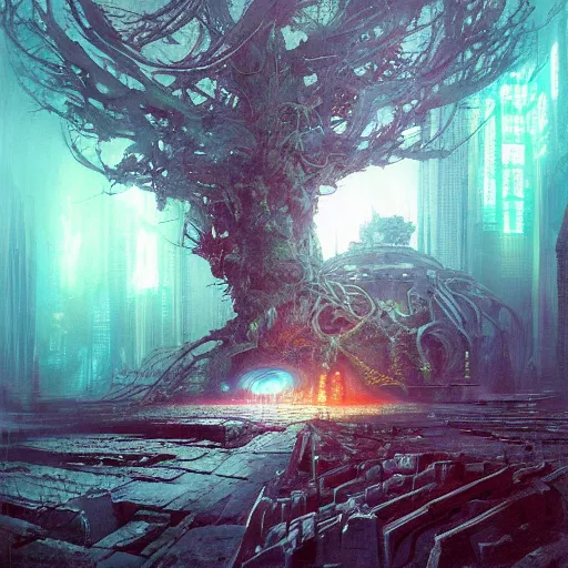 Image similar to an enigmatic and terrifying painting of a cyberpunk portrait by marc simonetti, greg rutkowski, ferdinand knab, colour, hyper detail, 8 k, one giant oak, universe, nebula, burst of colour, imaginary, roots, concept art, out of this world, depth, incredible depth