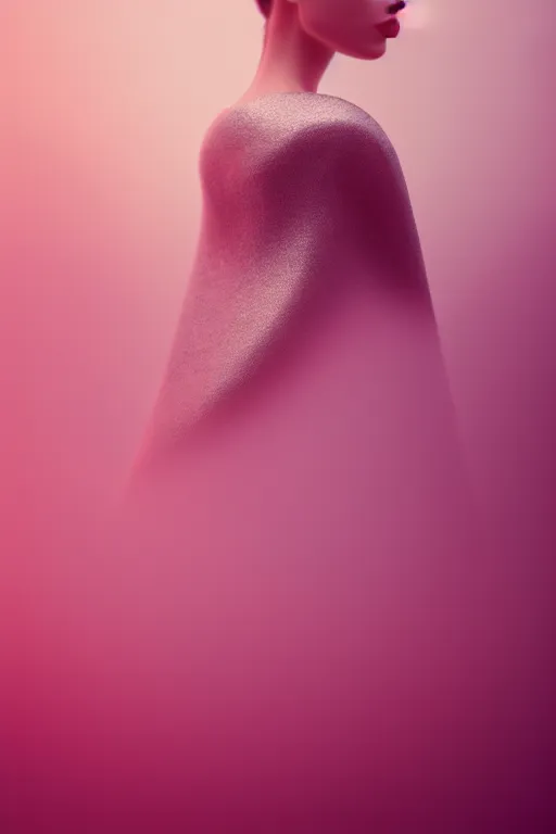 Prompt: a model wearing haute couture from christian dior, macro photography, long exposure photograph, surrealism, anamorphic bokeh, cozy, soft light, pink orange and silver, caustic, atmospheric fog, octane render, cinematic