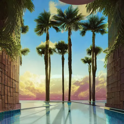 Prompt: indoor liminal space, golden light, peter tarka, palm trees, pink orbs, minimalistic, hyperrealistic surrealism, award winning masterpiece with incredible details, epic stunning, infinity pool mirrors, a surreal vaporwave liminal space with mirrors, highly detailed, trending on artstation, artgerm and greg rutkowski and alphonse mucha, daily deviation