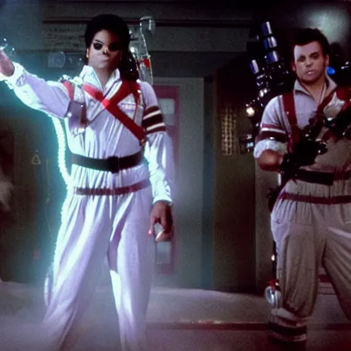 Image similar to stunning awe inspiring michael jackson as a ghostbuster in the movie ghostbusters, movie still 8 k hdr atmospheric lighting