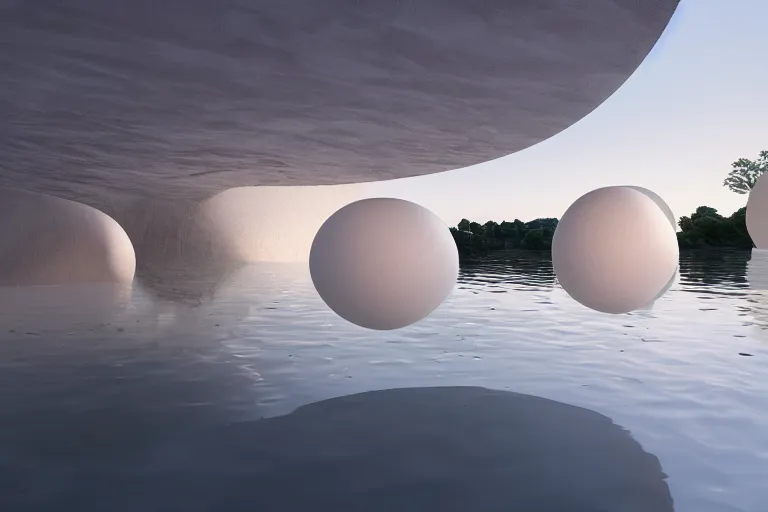 Image similar to many white egg shaped spherical spaces are combined to form a building. on the calm lake, people's perspective, future, interior wood, marble, award winning, highly detailed 4 k art, dusk, unreal engine highly rendered, global illumination, radial light, internal environment by kazuyo sejima and pierre cardin