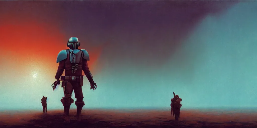 Prompt: textured full body close up of mandalorian with backlight , sun rays , small bird sihouettes , atomic bomb explosion in cyan background , very textured detailed panoramic oil painting by beksinski , hard backlight , in dark cave