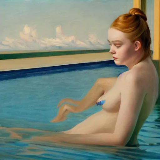 Image similar to Elle Fanning at the pool at night, head and shoulders portrait, stormy weather, extremely detailed masterpiece, Roger Deakin’s cinematography, oil on canvas, Edward Hopper,