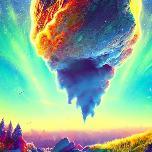 Image similar to Gigantic meteorite crashes into magic world planet, Bright colors, fantastic landscape, hyperrealism, no blur, 4k resolution, ultra detailed, style of Anton Fadeev, Ivan Shishkin, John Berkey