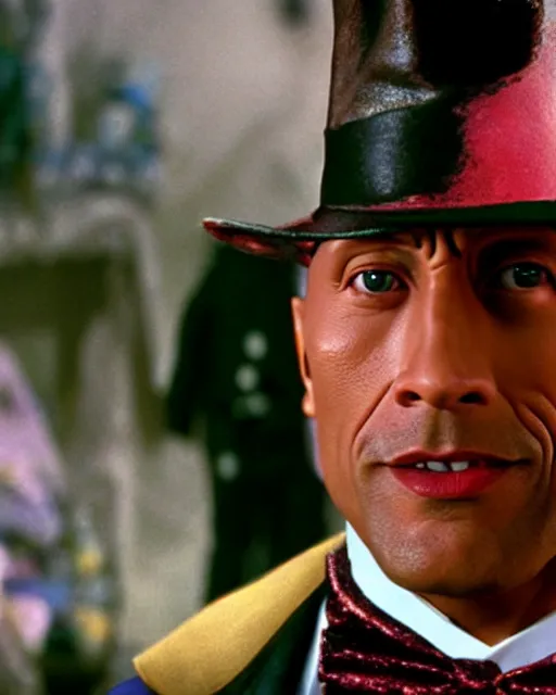 Prompt: Film still close-up shot of Dwayne Johnson as Willy Wonka from the movie Willy Wonka & The Chocolate Factory. Photographic, photography