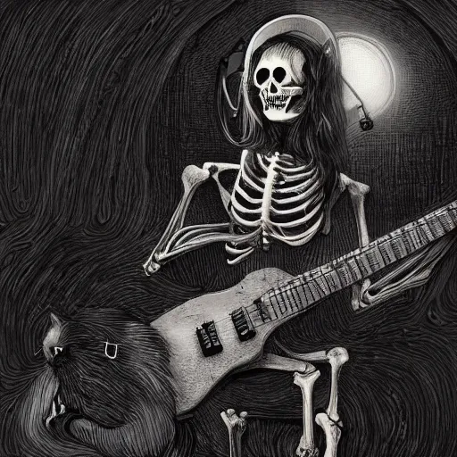 Image similar to skeleton wearing headphones, watching girl playing guitar while her black cat standing next to her, detailed intricate ink illustration, dark atmosphere, detailed illustration, hd, 4k, digital art, overdetailed art, by greg rutkowski, by loish, complementing colors, Trending on artstation