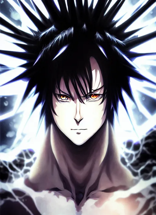 Image similar to a detailed manga full body portrait illustration of a dark spiky haired cyborg anime man surrounded by dark steam by hirohiko araki, detailed artwork, realism, 4 k resolution, detailed, high quality, sharp focus, hq artwork, insane detail, volumetric lighting, character concept art, fine details, clear subject, central subject