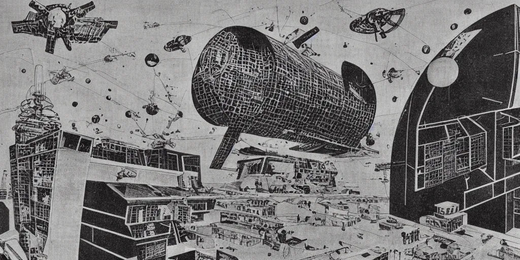 Prompt: huge brutalistic soviet space station by le corbusier, by joe penton, virgil finlay