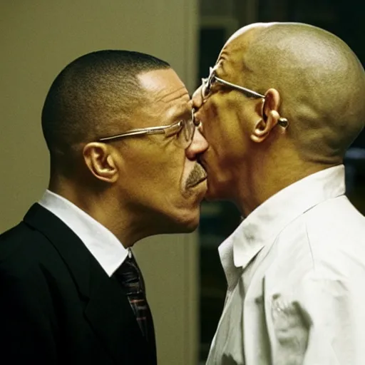 Prompt: Walter White and Gustavo Fring kissing