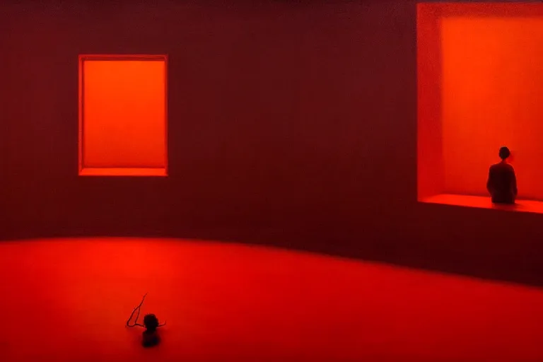 Image similar to only with red, netflix studios with workers, a big mickey mouse head in the middle of the room, in the style of beksinski, parts by edward hopper, parts by rodcenko, parts by yue minjun, intricate and epic composition, red by caravaggio, insanely quality, highly detailed, masterpiece, red light, artstation, 4 k