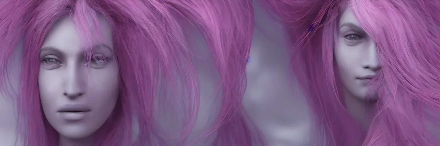 Prompt: A portrait of a very beautiful goddess with pink and deep purple hair radiating an artwork of volumetric displacement, houdini, arnold render, hyperrealism, subsurface scattering, 8k, xparticles