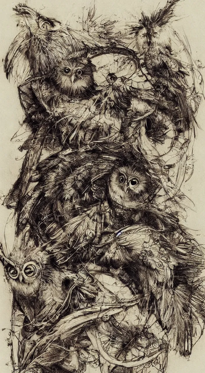 Image similar to Jean-Baptiste Monge and Alex Ross a artwork of leonardo da vinci sketches of steampunk owl