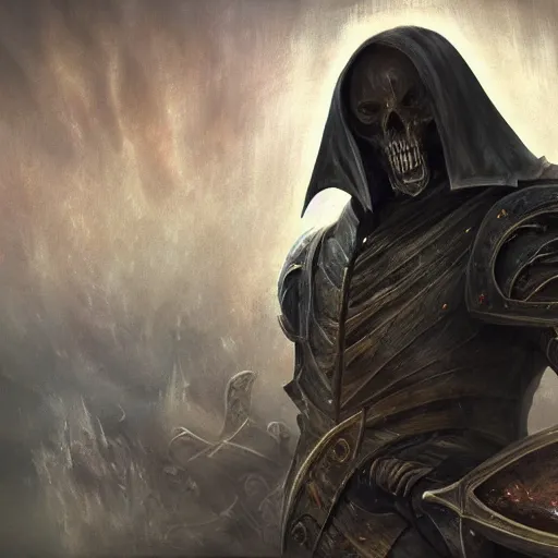 Image similar to the reaper of souls in heavy armor, artstation hall of fame gallery, editors choice, #1 digital painting of all time, most beautiful image ever created, emotionally evocative, greatest art ever made, lifetime achievement magnum opus masterpiece, the most amazing breathtaking image with the deepest message ever painted, a thing of beauty beyond imagination or words