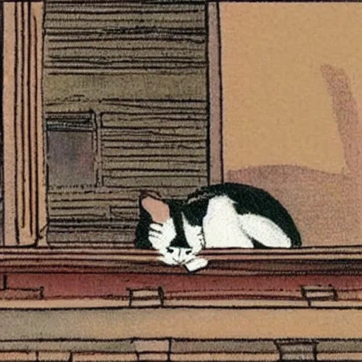 Image similar to a cat resting peacefully on a city balcony, old cartoon