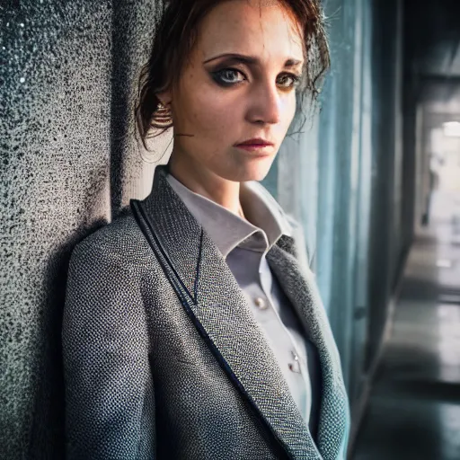 Prompt: hyperdetailed photo of a serious woman with light eyes in a cybercity, wearing fashion suit, inside berghain, classic, photo 3 5 mm leica, hyperdetail, 8 k, very detailed, fine face