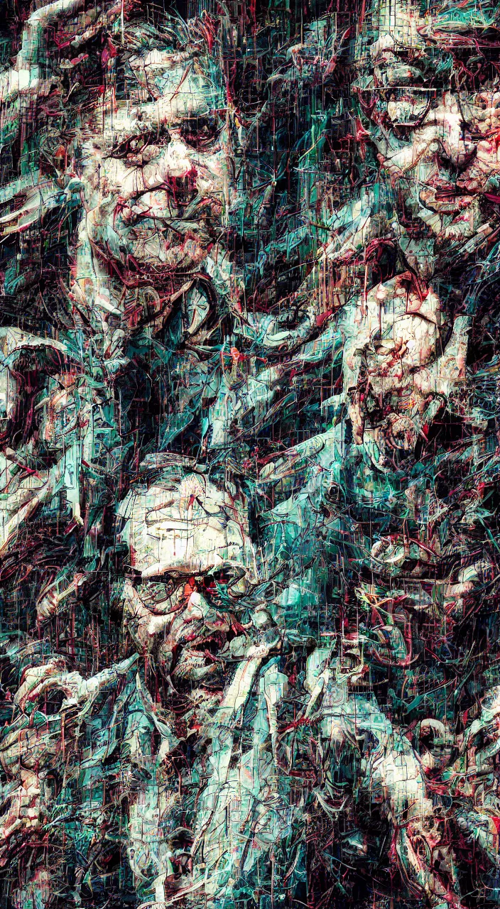 Image similar to pixel sorting in the style of ralph steadman, gearlord digital celluar automata