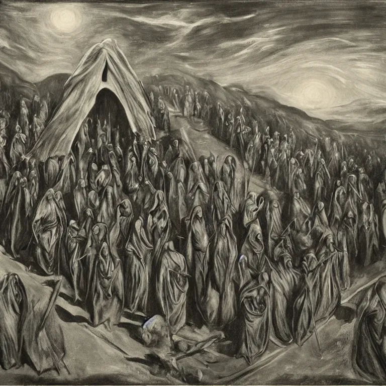 Image similar to A Holy Week procession of grim reapers in a lush Spanish landscape at night. A hooded figure at the front holds a cross. El Greco, Remedios Varo, Carl Gustav Carus, Edward Hopper.