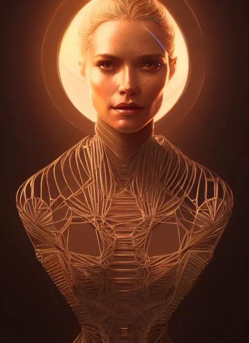 Image similar to portrait of drone host from westworld, intricate, elegant, glowing lights, highly detailed, digital painting, artstation, glamor pose, concept art, smooth, sharp focus, illustration, art by artgerm and greg rutkowski, artey freytag