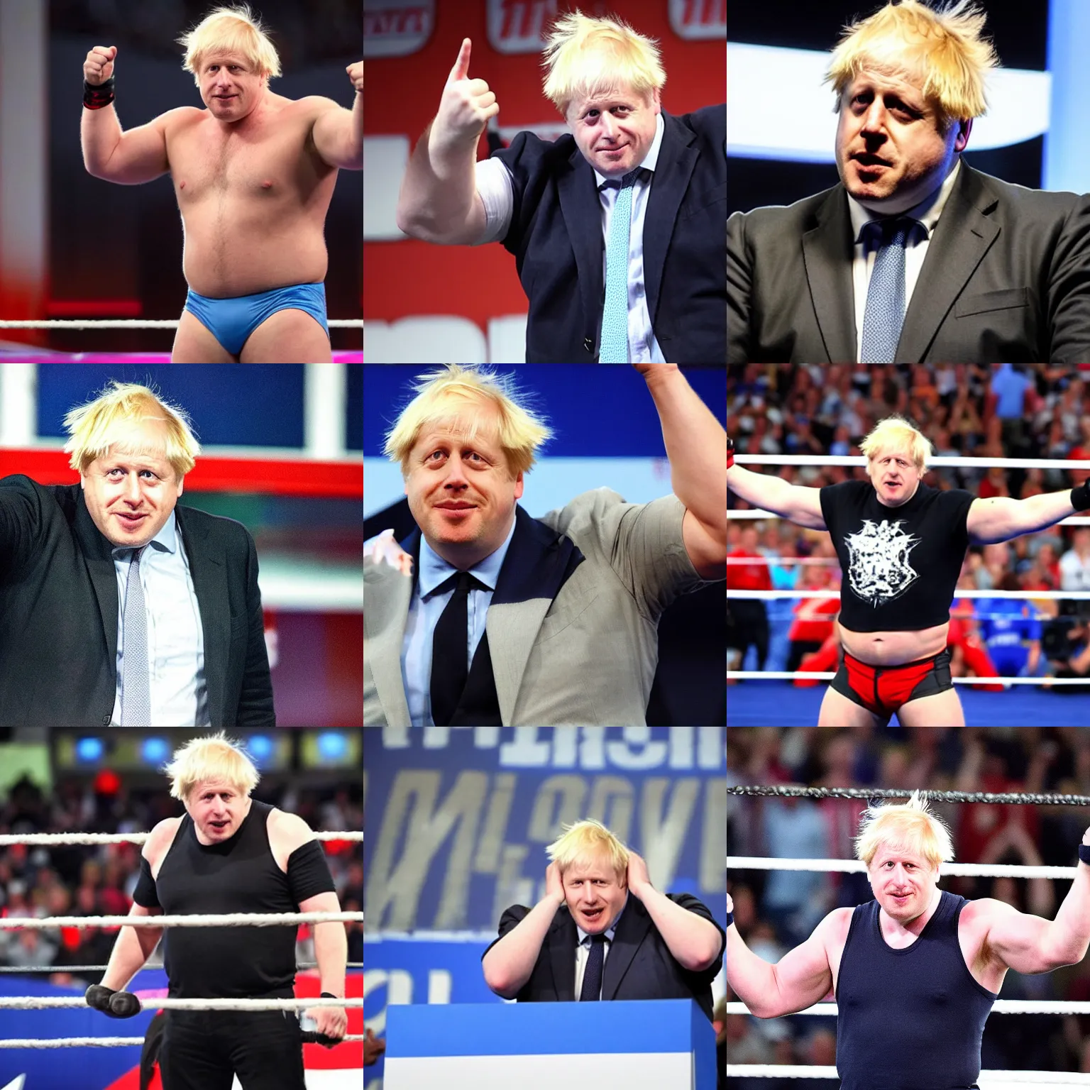 Prompt: boris johnson as a muscular wwe wrestler wearing a cap. he is holding his open hand high and hiding his face with his hand