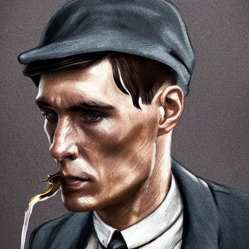 Prompt: thomas shelby from the peaky blinders in jail eating bread and drinking water, in the style of Benjamin Bader, sharp, highly detailed, realistic face, digital art, epic, fantasy, artstation