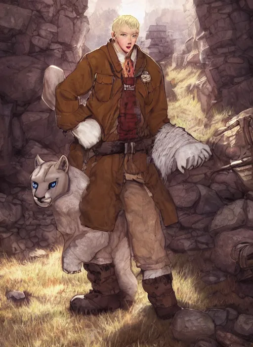 Image similar to fursona character portrait of a man with an albino mountain lion's head wearing miner's clothes at the mines. hidari, color page, tankoban, 4K, tone mapping, Akihiko Yoshida.