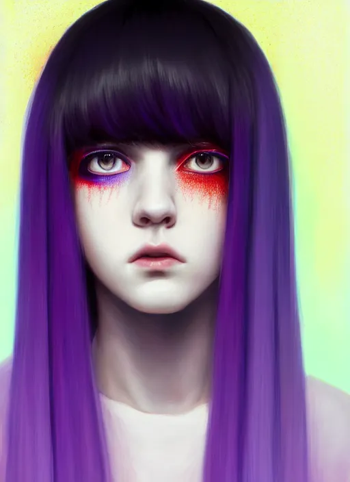 Image similar to hair whitebangs hair, black hair, whitebangsblackhair, portrait of teenage girl with white bangs, red irises, purple clothes, white bangs, bangs are different color from hair, intricate, elegant, glowing lights, highly detailed, digital painting, artstation, concept art, sharp focus, illustration, art by wlop, mars ravelo and greg rutkowski