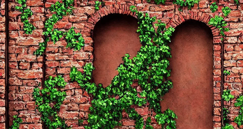 Prompt: a beautiful painting of an ancient brick wall covered in vines with a closed portal wooden door, landscape, 8 k, photorealism