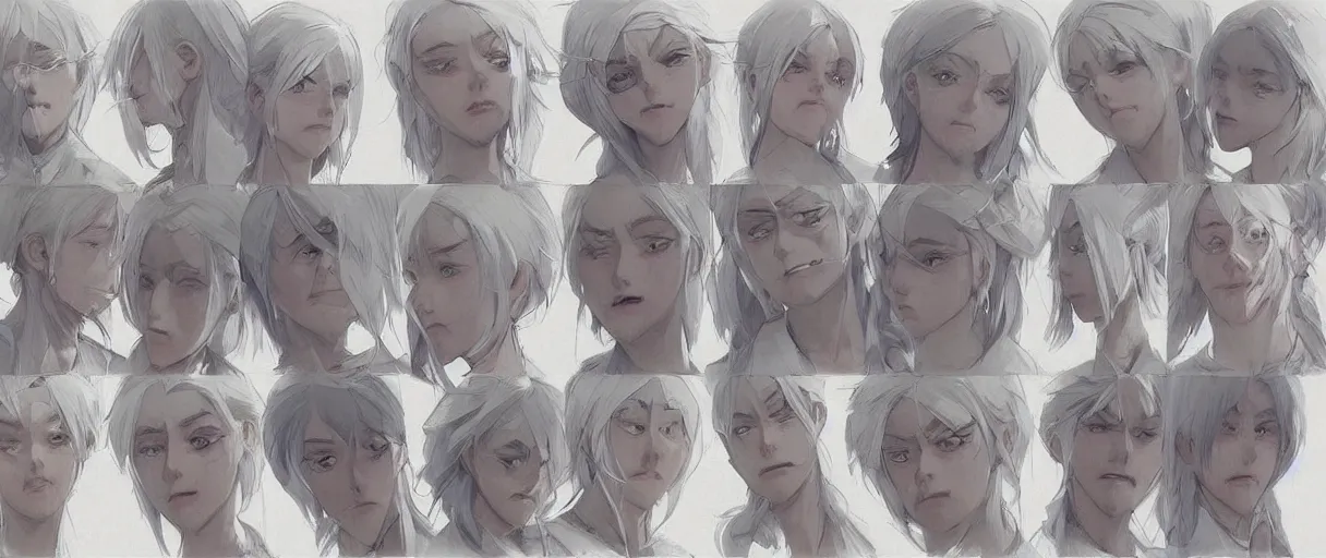 Image similar to character face study, multiple angles, directions and moods. faces only, girl with white hair, concept art finely detailed perfect art, painted by greg rutkowski makoto shinkai takashi takeuchi studio ghibli, pinterest, cevagraf comics