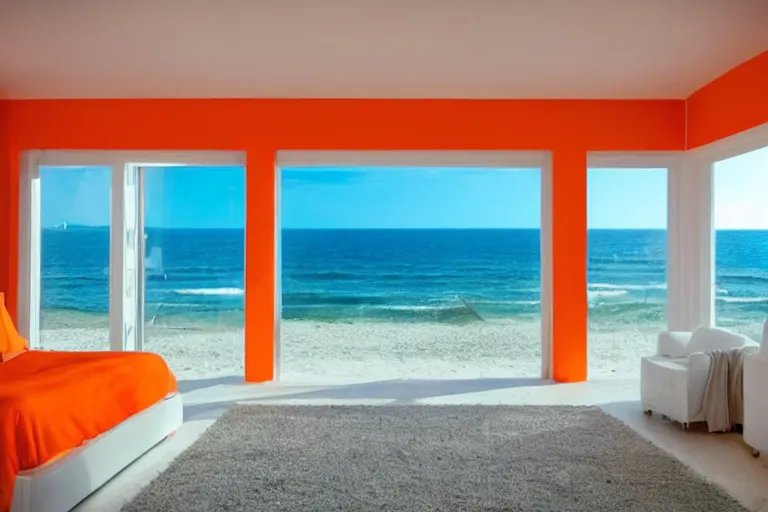 Image similar to a room with orange walls white floor contrabas, a big window with a view of the beach and sea, beautiful cinematic masterpiece very detailed