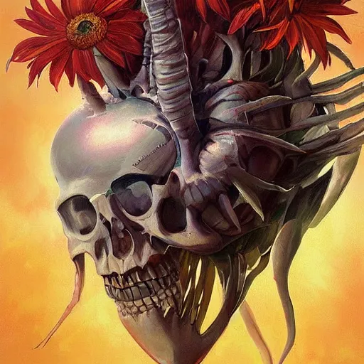 Image similar to a beautiful painting by Grzegorz greg rutkowski and Anato Finnstark of an anatomically correct heart bursting out of an anatomically correct skeletal rib-cage and exploding into rainbows and sunflowers, trending on artstation hq