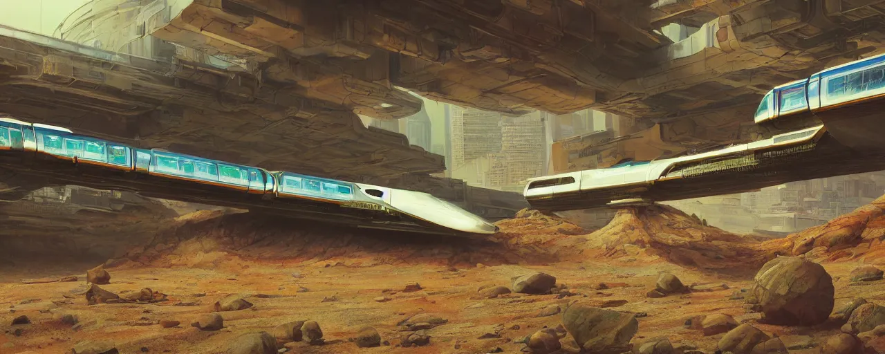 Prompt: concept art monorail shonan in martian landscape, brutalism, colorful, syd mead, norman rockwell, 4 k resolution, octane render, intricate, ultra detailed, volumetric lighting, cinematic lighting + masterpiece