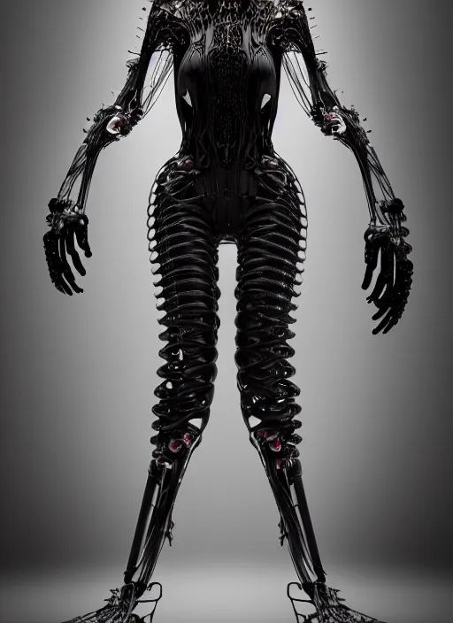 Image similar to catwalk, iris van herpen gothic inflateble dark dress, perfect symmetrical body, helmet on face, full body shot, inflateble shapes, wires, tubes, veins, jellyfish, white biomechanical details, wearing epic bionic cyborg implants, masterpiece, intricate, biopunk, vogue, highly detailed, artstation, concept art, cyberpunk, octane render