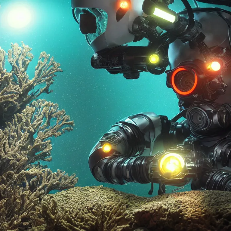 Image similar to octane render portrait by wayne barlow and carlo crivelli and glenn fabry, subject is a shiny reflective tactical futuristic android scuba diver with small lights inside helmet, surrounded by bubbles inside an exotic alien coral reef aquarium full of exotic fish, cinema 4 d, ray traced lighting, very short depth of field, bokeh