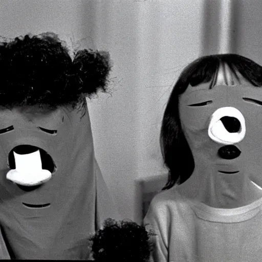 Image similar to Still from a children's television show about people dressed as nostrils, 1980