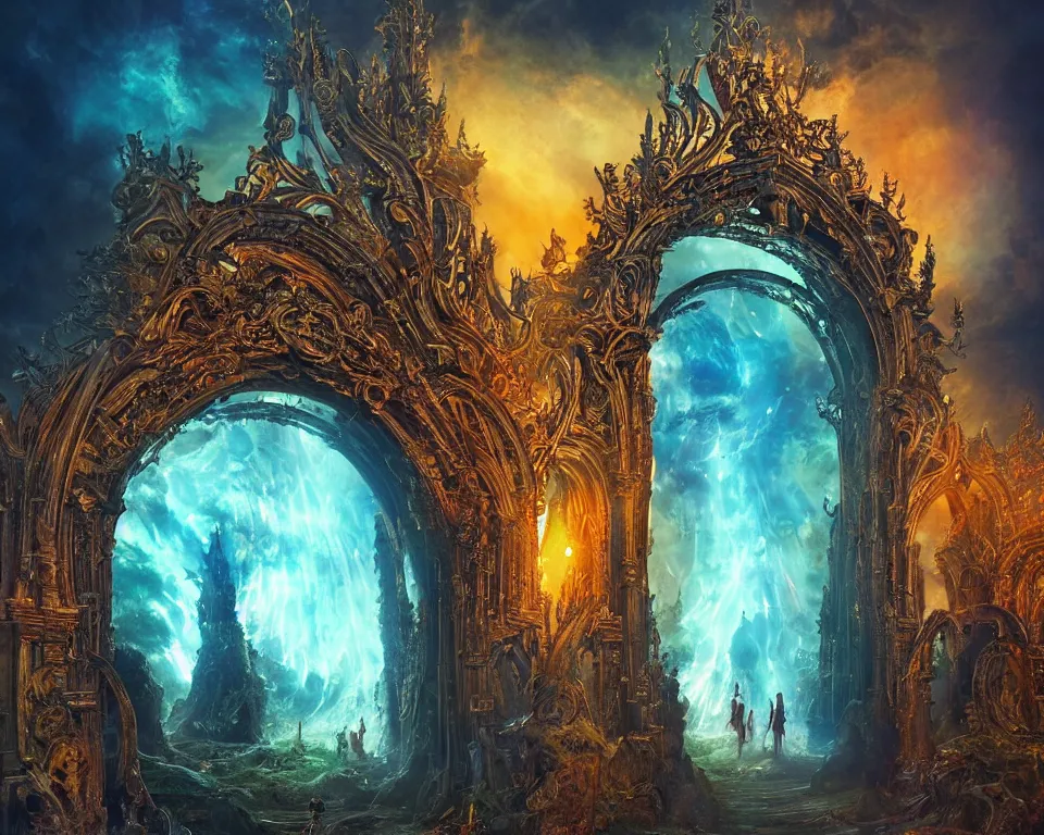 Prompt: magic portal gate, transparent background with a picture of the afterlife, ultra wide shot, lush colors, in the style of greg rutkowski and hans zatzka, digital art, sharp focus, highly realistic, exquisite ornate metal gothic icon heavy patina, delicate, enchanting, otherworldly, ethereal, mythology, mystical