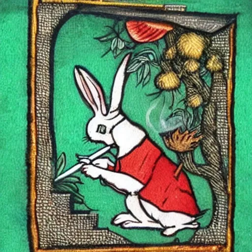 Image similar to rabbit smoking a joint medieval illuminated manuscript