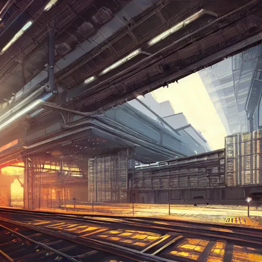 Prompt: Immense industrial futuristic cargo train arrives at cyber punk city station, cinematic lighting, concept art