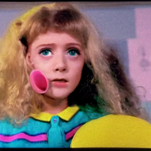 Image similar to still from 1983 live-action children's tv show about a girl who enters an eyeball cult color