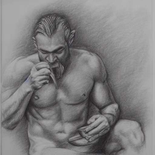Image similar to zeus drinking tea in the olympus, pencil drawing