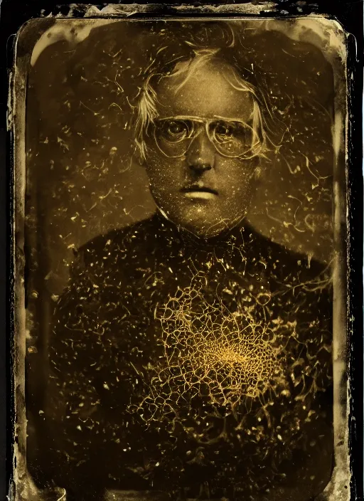 Image similar to old wetplate daguerreotype portrait, explosion of data fragments, thin micro fibers, fractal, intricate, elegant, highly detailed, parallax, leica, medium format, subsurface scattering, by jheronimus bosch and greg rutkowski and louis jacques mande daguerre