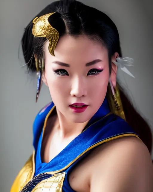 Image similar to Beautiful close highly detailed portrait of a Chun-Li from Street Fighter 2 cosplayer in her iconic signature main outfit. Award-winning photography. XF IQ4, 150MP, 50mm, f/1.4, ISO 200, 1/160s, natural light, rule of thirds, symmetrical balance, depth layering, polarizing filter, Sense of Depth, AI enhanced