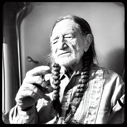 Image similar to willie nelson having a smoke in his trailer.